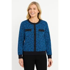 VTG Alfred Dunner Cardigan Women Petite Small Blue Scroll Print Button Front USA